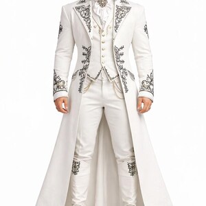 Luxury white groom wedding suit for men with royal embroidery, prince style designer coat, sherwani inspired formal outfit for wedding