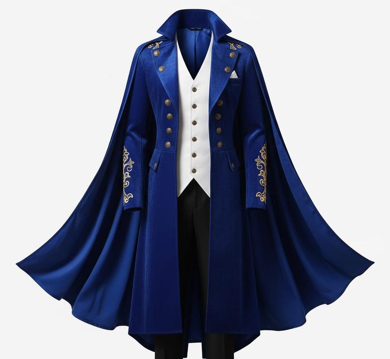 Royal bLUE velvet groom suit with cape Victorian gothic style