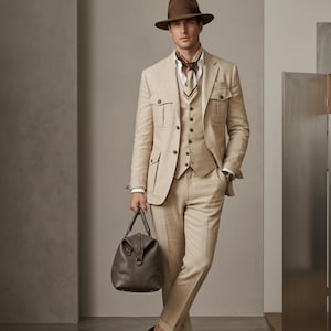 Luxury beige groom suit for men featuring safari jacket details, linen style texture, fedora hat, and elegant studio look.