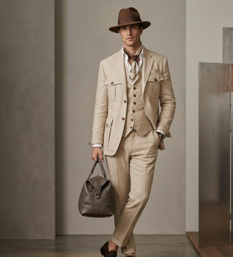 Luxury beige groom suit for men featuring safari jacket details, linen style texture, fedora hat, and elegant studio look.