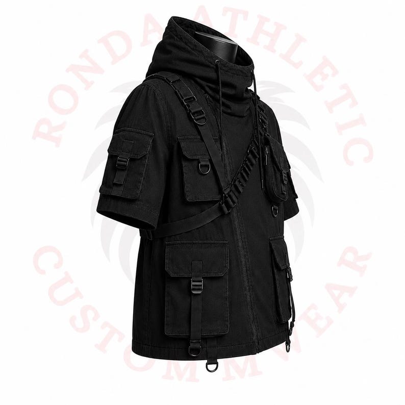 Cyberpunk black tactical jacket with utility pockets, hooded design, adjustable straps, and urban techwear fashion aesthetic.