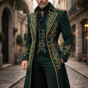 Men’s luxury emerald velvet embroidered long coat, baroque Victorian prince jacket for formal gothic costume