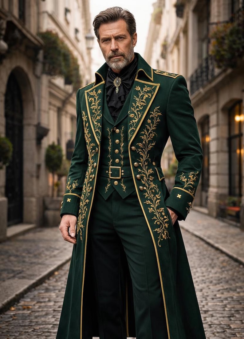 Men’s luxury emerald velvet embroidered long coat, baroque Victorian prince jacket for formal gothic costume