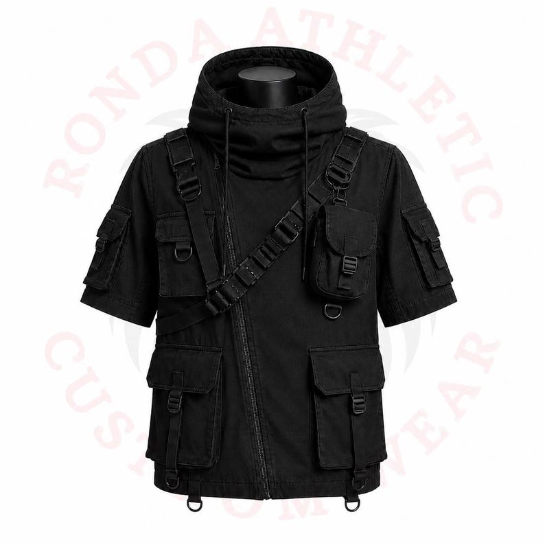 Black techwear jacket for men featuring a hood, tactical utility pockets, adjustable straps, and cyberpunk streetwear design.