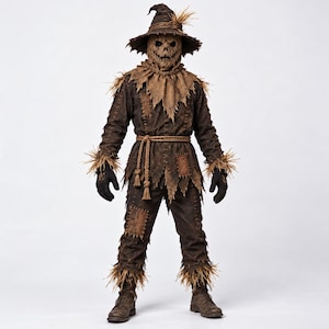 Peut inclure: Un costume d'épouvantail composé d'une chemise à manches longues et d'un pantalon marron foncé avec des bords effilochés, des pièces et des accents en paille. L'ensemble comprend un chapeau pointu assorti, un masque en toile de jute et des gants.