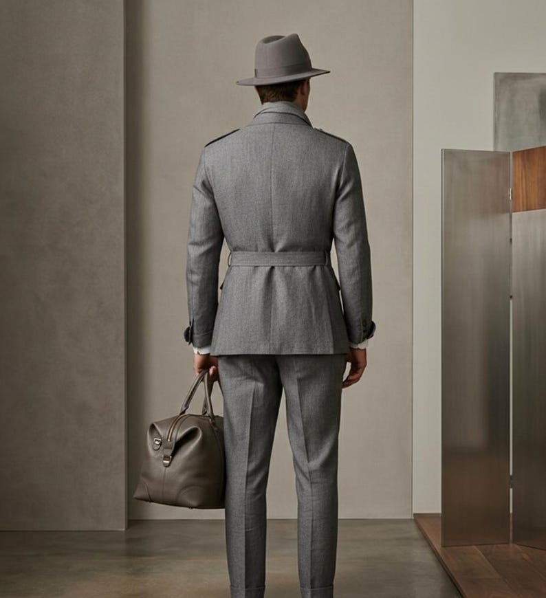Full-length view of a men’s grey formal safari suit with waistcoat, belt detail, and fedora hat.