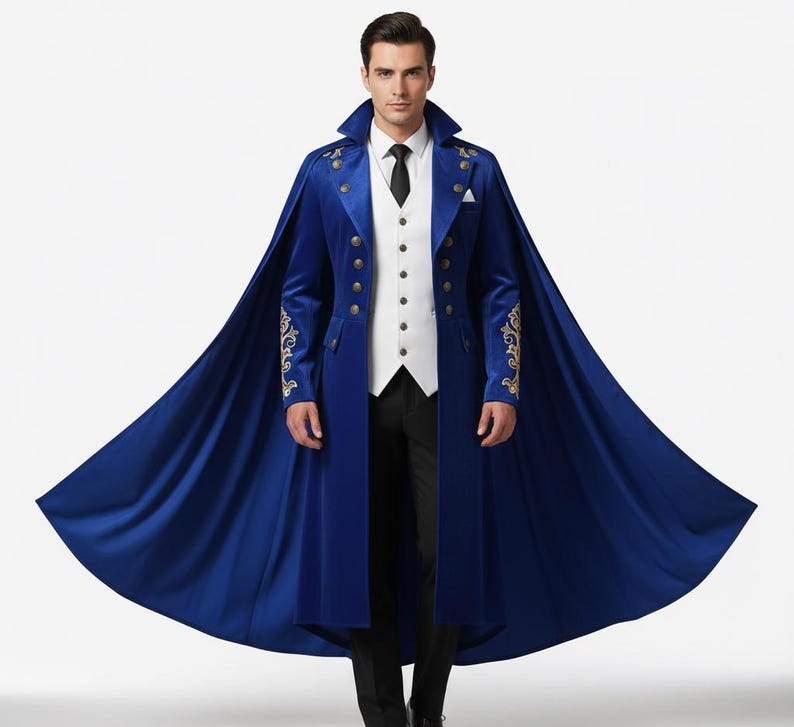 ROYAL BLUE Velvet Men’s Suit with Cape – Embroidered Gothic Wedding Tuxedo, Royal 3 Piece Groom Wear, Victorian Prom Outfit