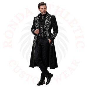 Men’s black embroidered tailcoat with silver detailing, Victorian gothic style formal wear, elegant designer outfit