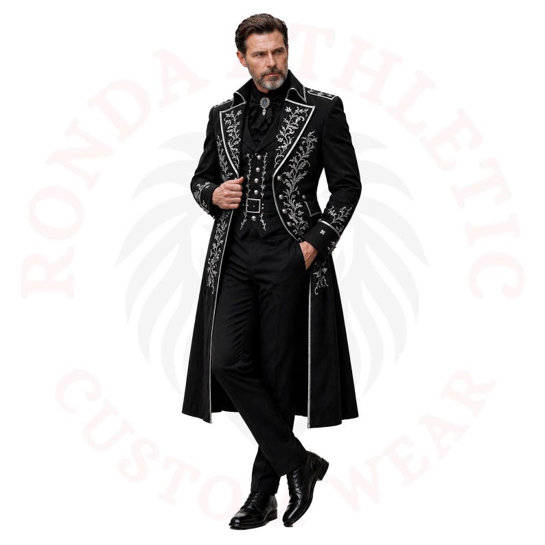 Men’s black embroidered tailcoat with silver detailing, Victorian gothic style formal wear, elegant designer outfit