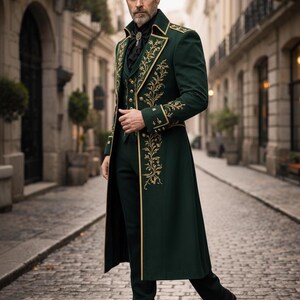 Emerald green velvet gothic wedding coat for groom, embroidered Victorian long tailcoat formal menswear