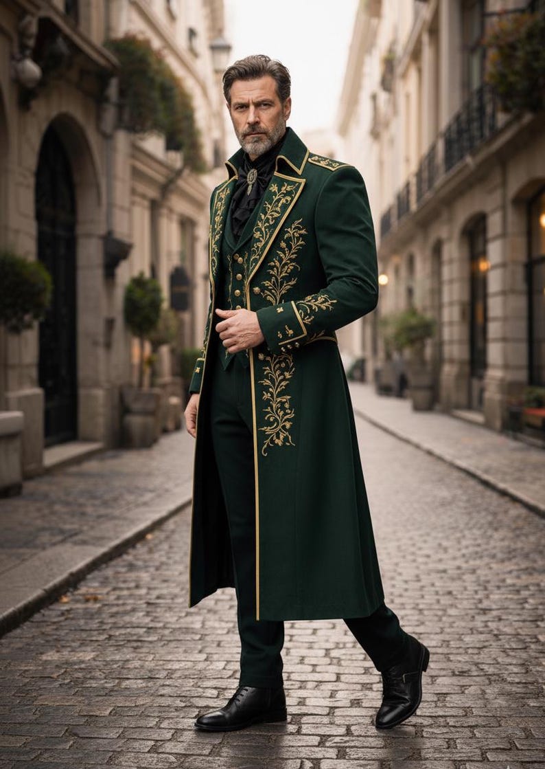Emerald green velvet gothic wedding coat for groom, embroidered Victorian long tailcoat formal menswear