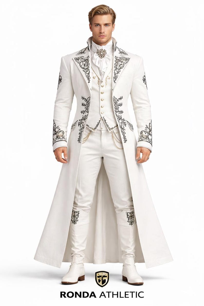 Luxury white groom wedding suit for men with royal embroidery, prince style designer coat, sherwani inspired formal outfit for wedding