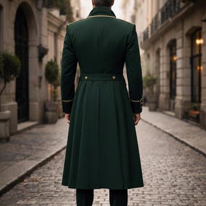 Gothic emerald green velvet tailcoat for men with detailed gold embroidery, Renaissance royal style wedding coat