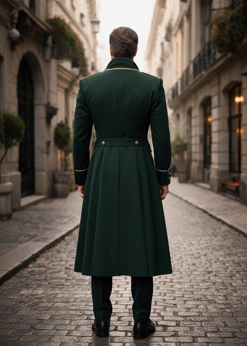 Gothic emerald green velvet tailcoat for men with detailed gold embroidery, Renaissance royal style wedding coat