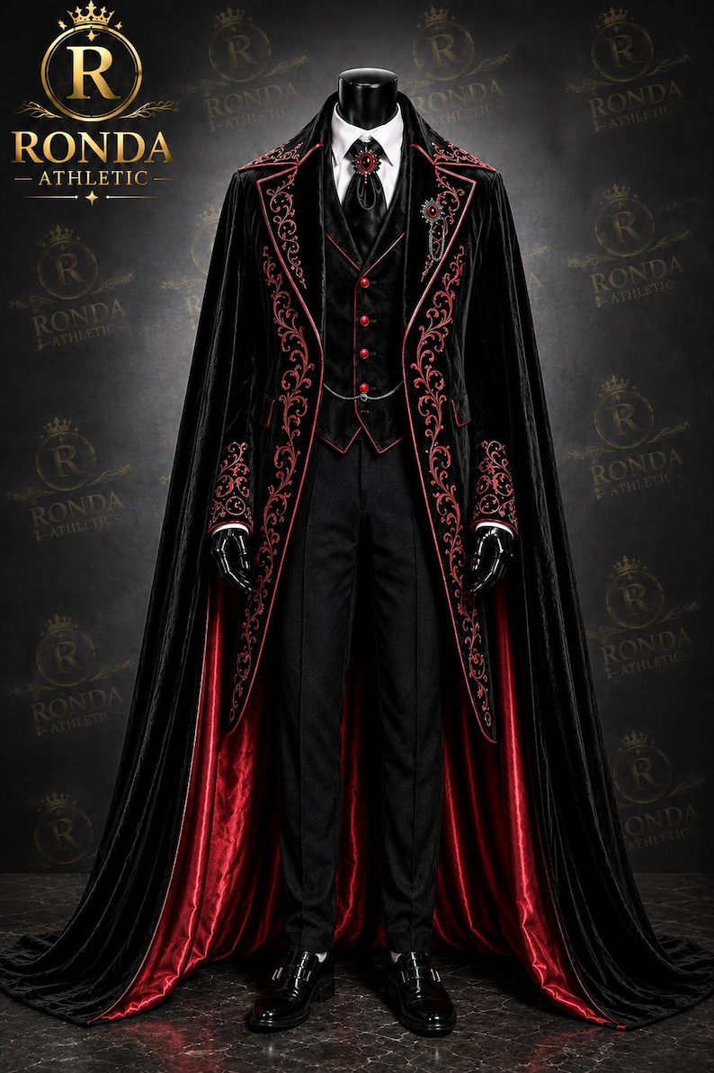 Black velvet Victorian vampire cloak with red embroidered tailcoat and matching formal suit for gothic weddings, cosplay, and Halloween.