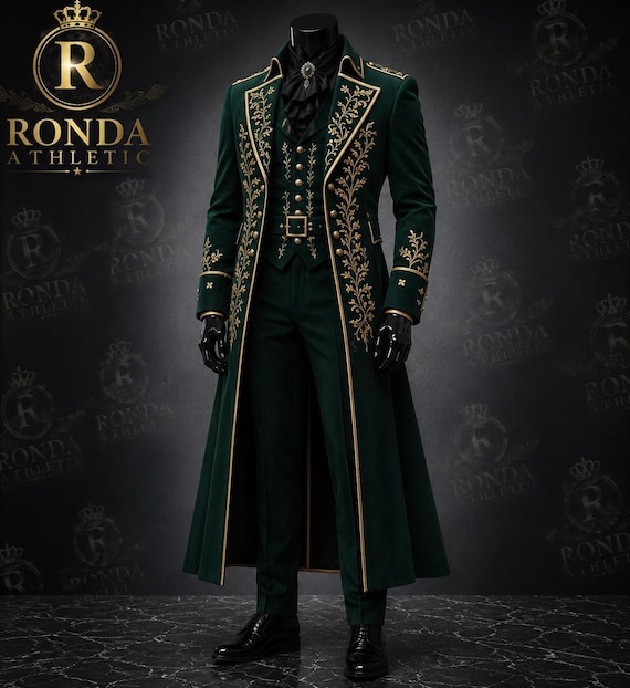 Emerald Green Embroidered Victorian Coat for Men, Gothic Tailcoat Jacket, Renaissance Prince Costume, Baroque Steampunk Outfit