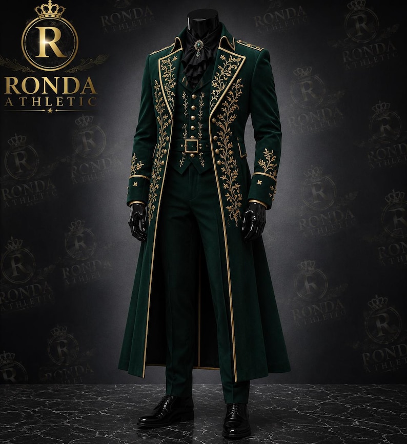 Emerald green velvet Victorian coat for men with gold embroidery, gothic tailcoat jacket for Renaissance and steampunk wedding outfit