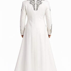 Mens white embroidered wedding suit, royal groom attire with long coat, premium designer formal wear for modern wedding look