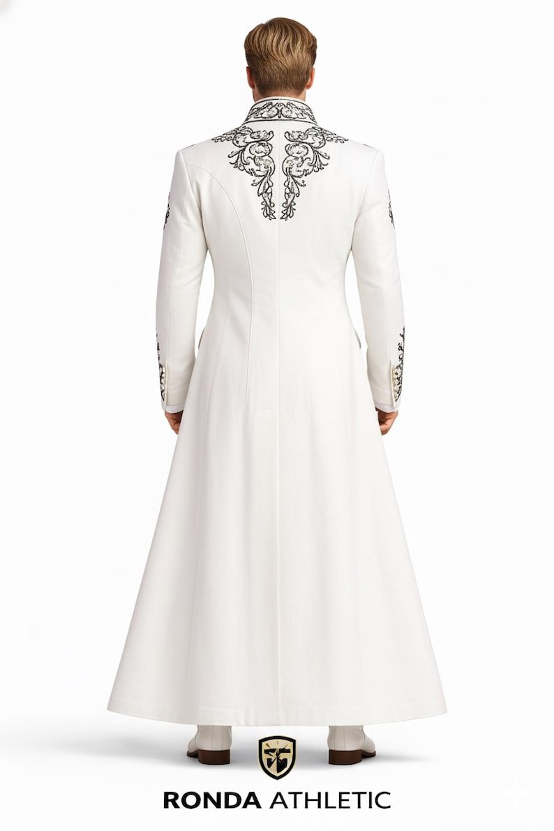 Mens white embroidered wedding suit, royal groom attire with long coat, premium designer formal wear for modern wedding look