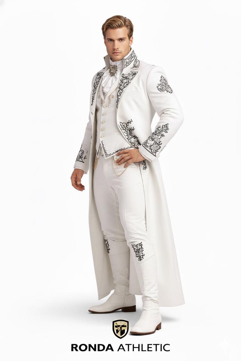 Premium mens wedding suit in white color, embroidered royal coat with sherwani style design, groom outfit for luxury weddings