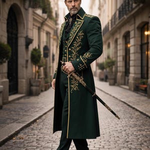Handmade emerald velvet Victorian jacket for men, steampunk prince costume coat with luxury baroque design