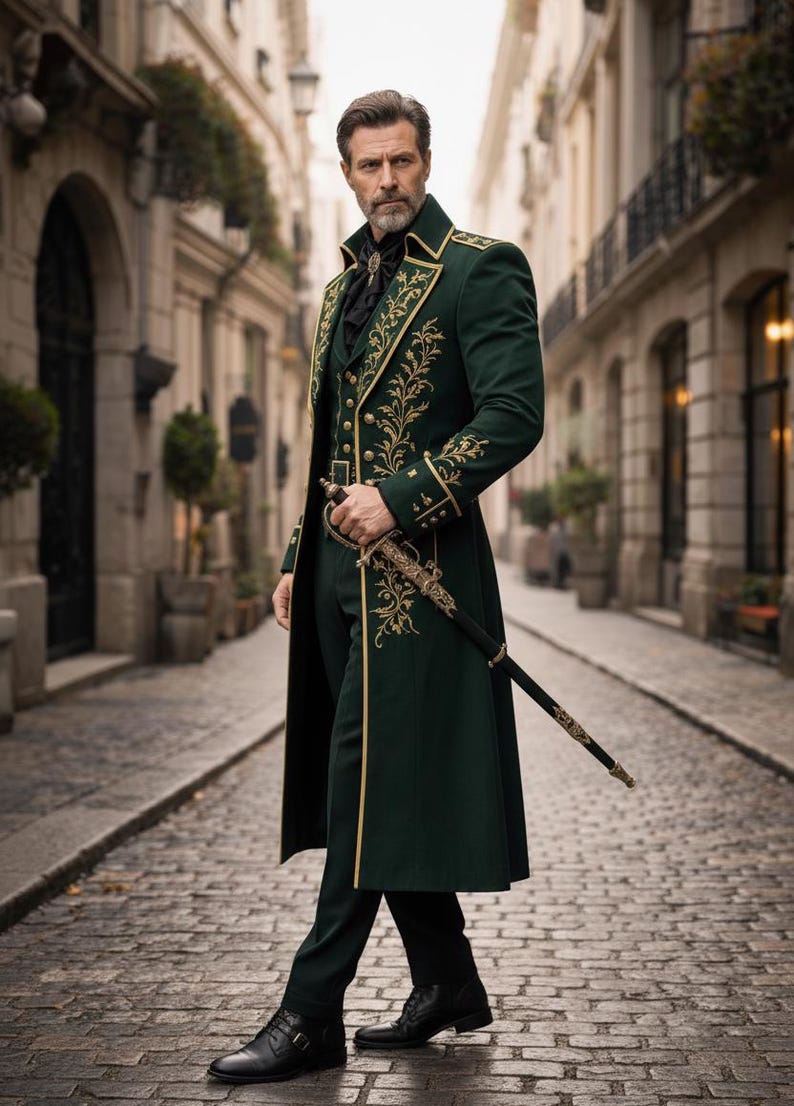 Handmade emerald velvet Victorian jacket for men, steampunk prince costume coat with luxury baroque design