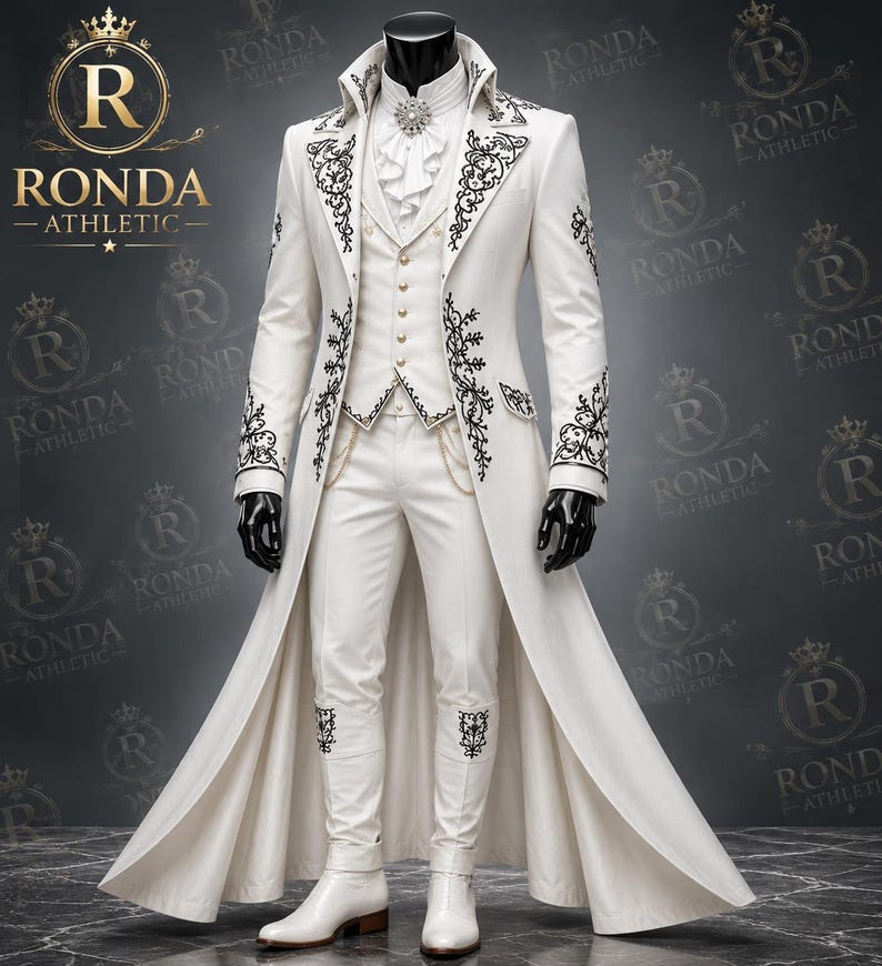 Luxury white groom wedding suit for men with royal embroidery, prince style designer coat, sherwani inspired formal outfit for wedding