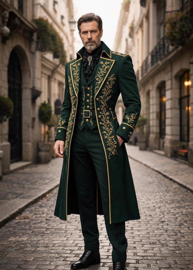 Emerald green velvet Victorian coat for men with gold embroidery, gothic tailcoat jacket for Renaissance and steampunk wedding outfit
