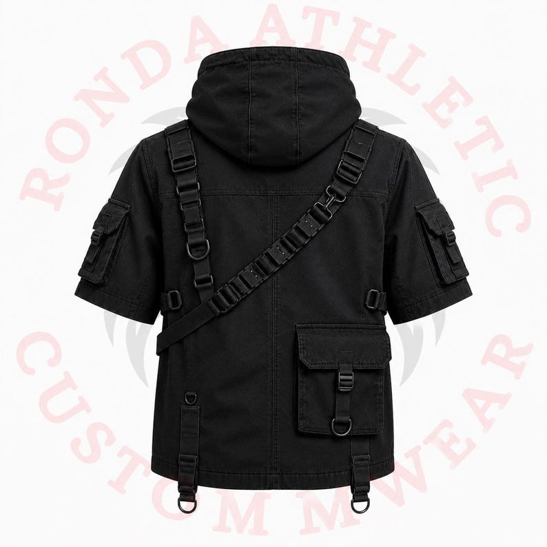 Men's black gothic techwear hoodie with multiple cargo pockets, tactical harness details, and futuristic streetwear styling.