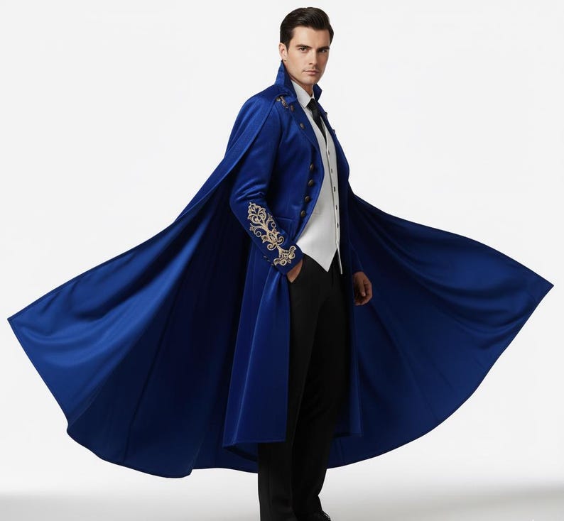 Embroidered bLUE velvet men’s tuxedo with dramatic cape