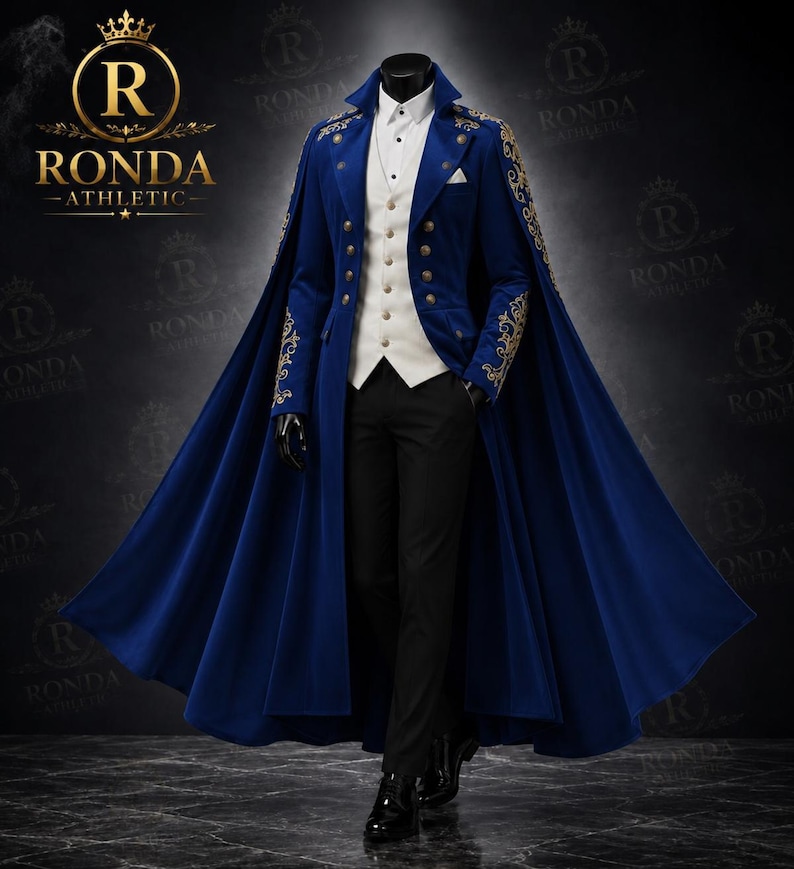 Royal bLUE velvet groom suit with cape Victorian gothic style