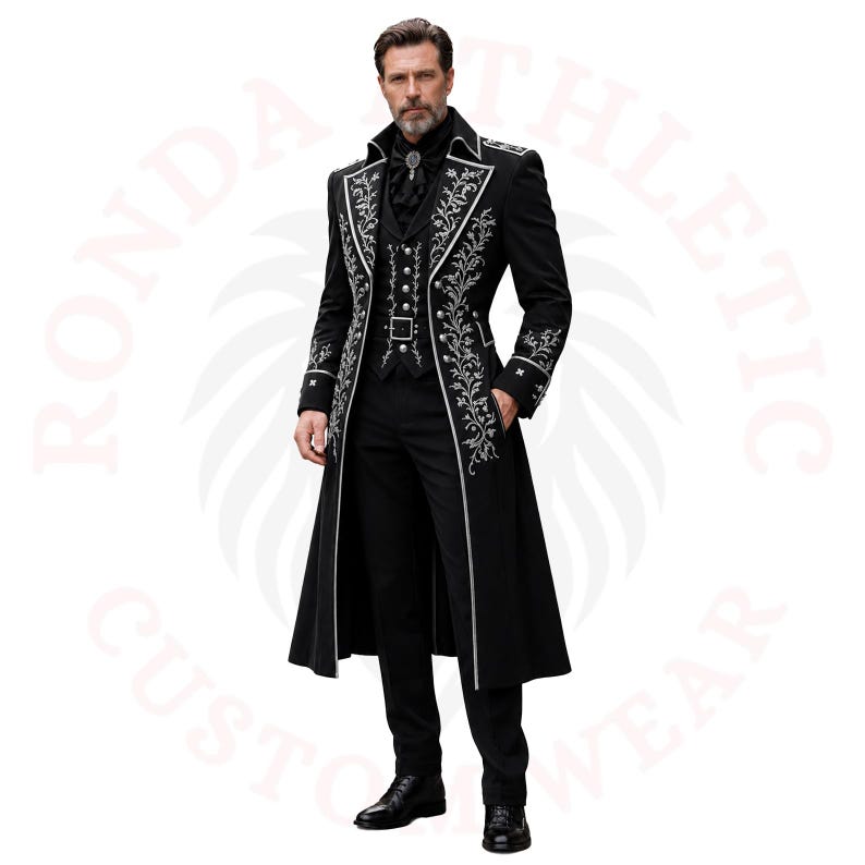 Black Victorian coat for men with silver embroidery, long gothic tailcoat front view, luxury formal wedding outfit