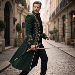 Renaissance inspired emerald velvet coat for men with gold thread embroidery, royal Victorian costume jacket