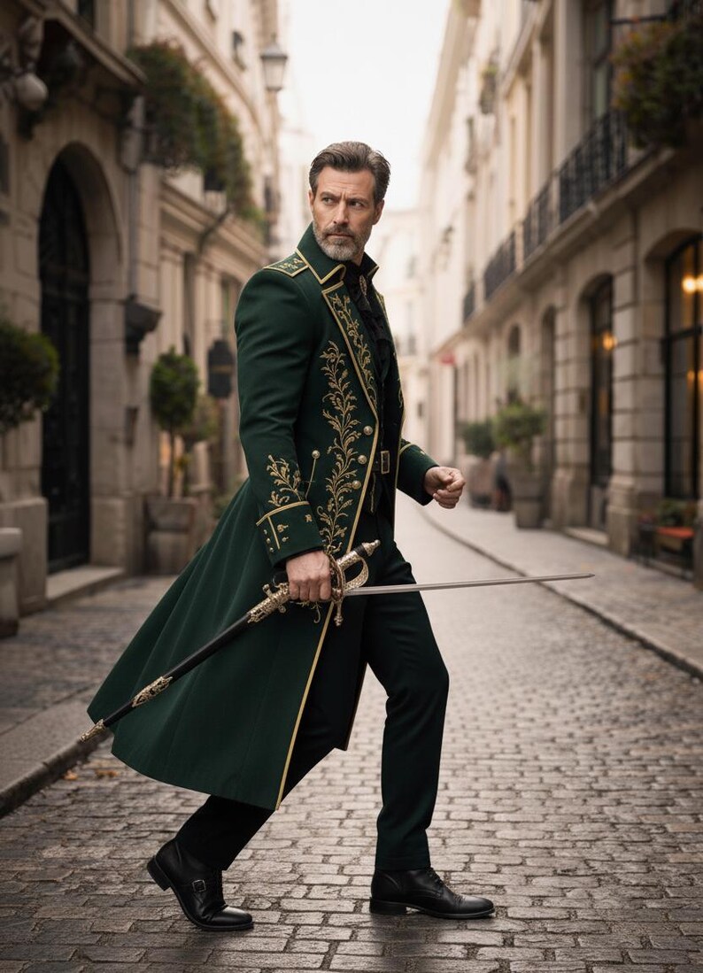 Renaissance inspired emerald velvet coat for men with gold thread embroidery, royal Victorian costume jacket