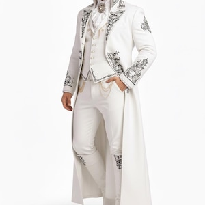 Elegant white groom suit with detailed embroidery, prince style wedding outfit for men, luxury custom formal wear worldwide