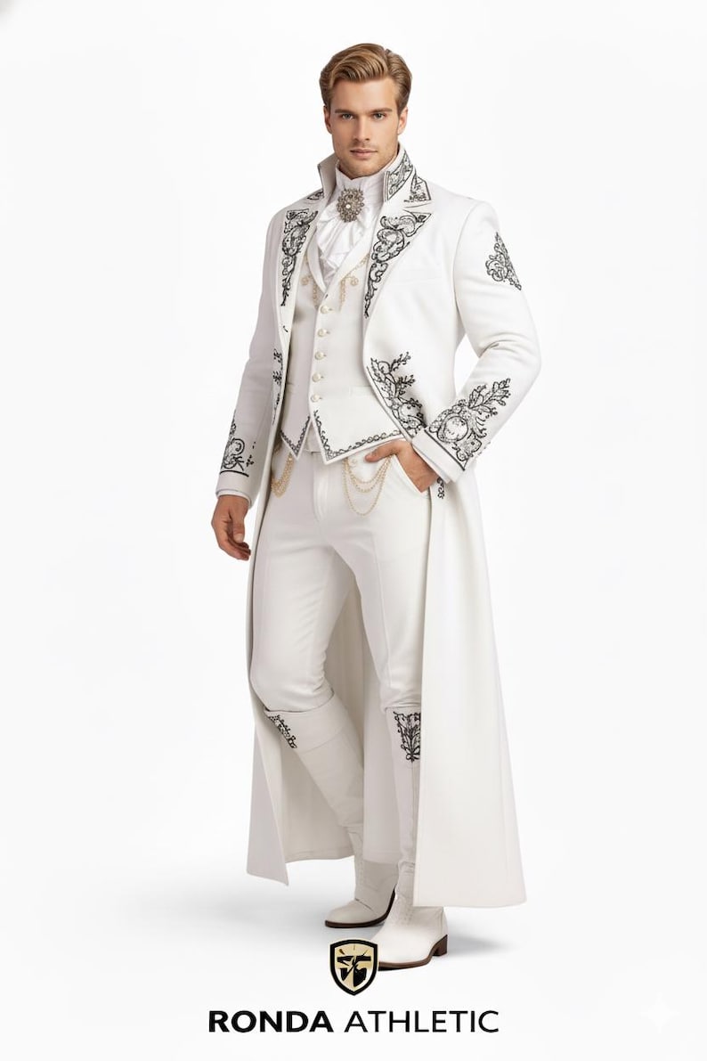 Elegant white groom suit with detailed embroidery, prince style wedding outfit for men, luxury custom formal wear worldwide