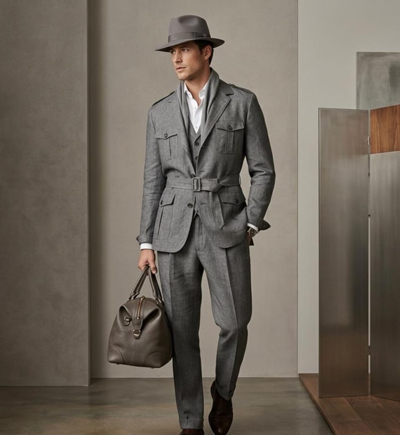 Luxury men’s grey tailored outfit shown in a minimalist indoor photoshoot with polished formal styling.