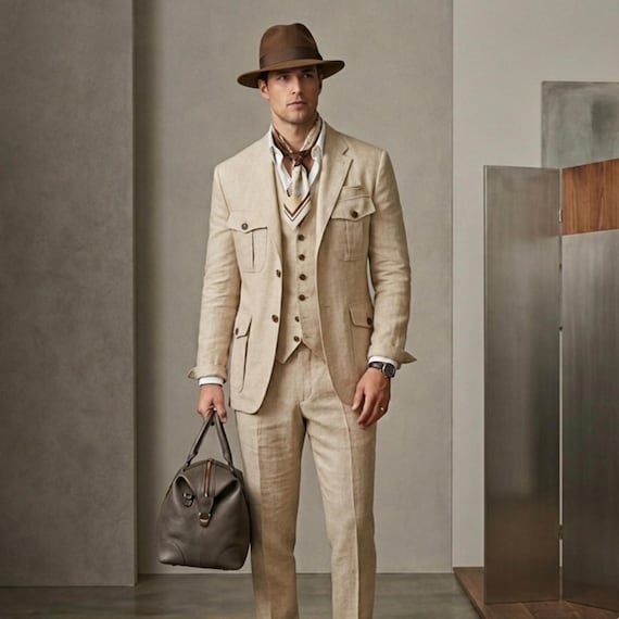 Men’s Safari Suit, Tailored 3 Piece Formal Set,Groom Outfit, Fedora Inspired Wedding Attire, Luxury Menswear