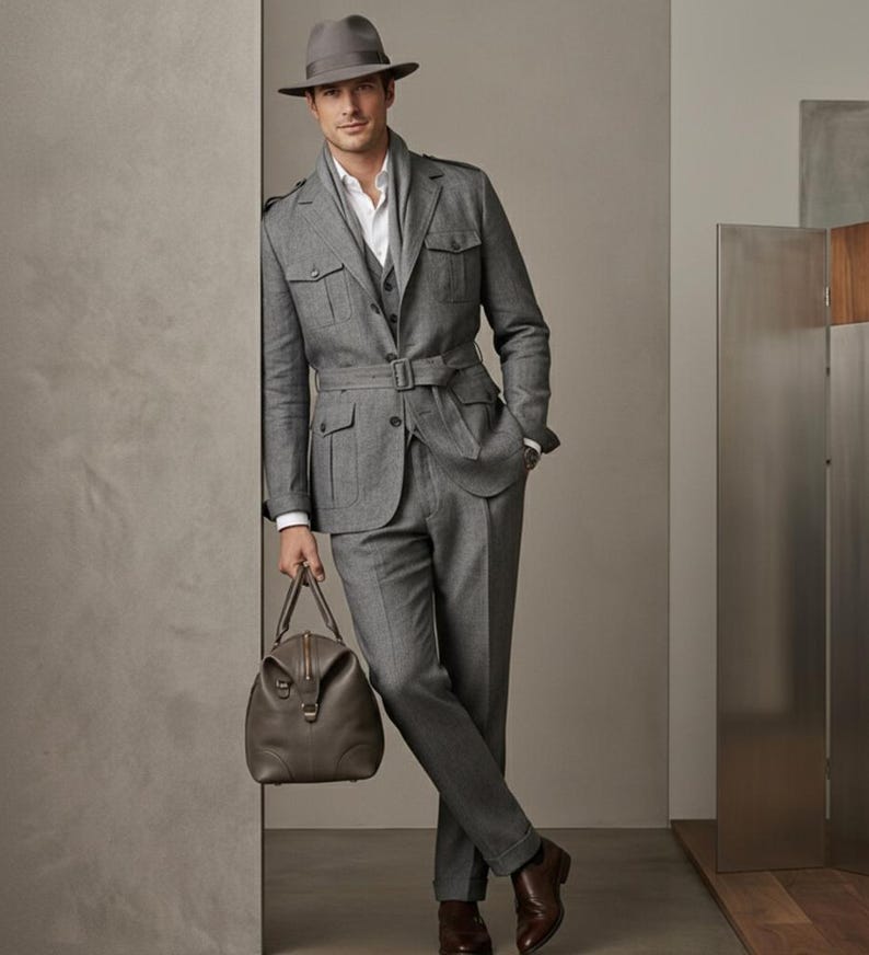 Elegant men’s grey three-piece safari-inspired suit styled with a scarf, hat, and leather travel bag.