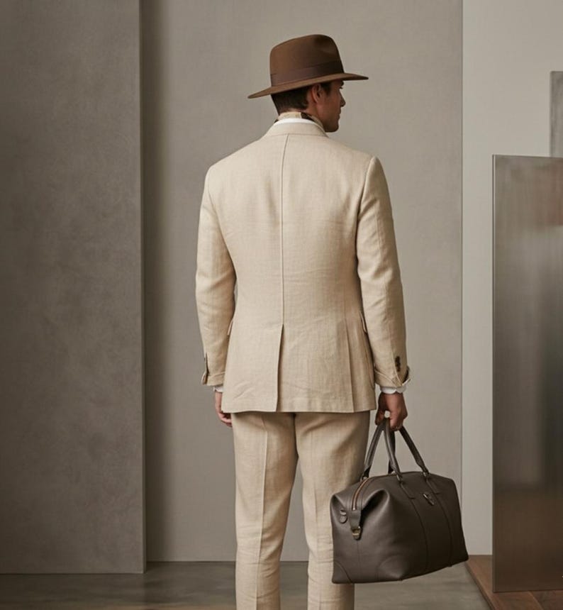 Men’s beige 3 piece suit in safari style with structured blazer, matching vest, formal pants, and leather travel bag.