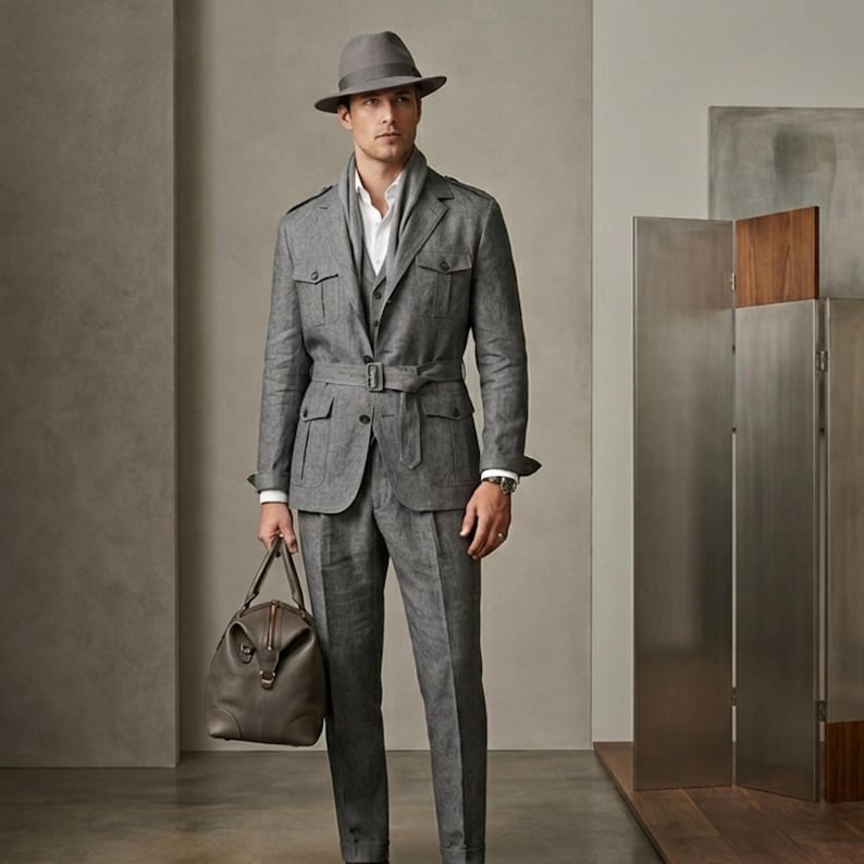 Man wearing a tailored grey safari-style suit with a matching hat