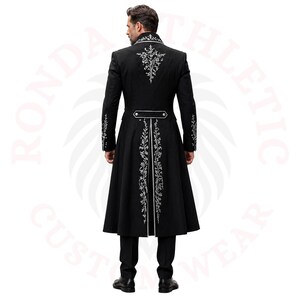 Designer black Victorian coat men, silver thread embroidery, premium long formal coat for weddings and events