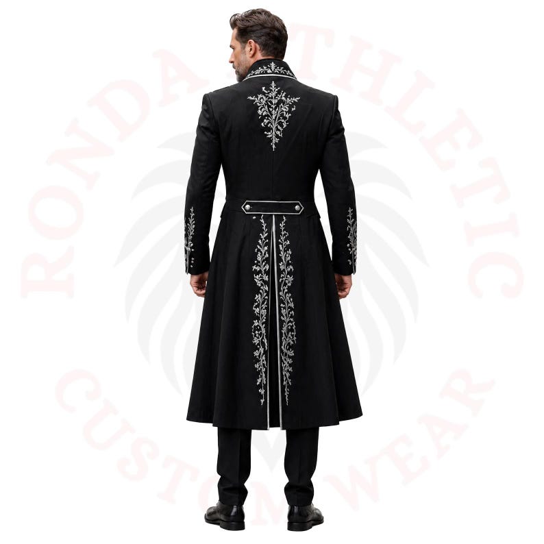 Designer black Victorian coat men, silver thread embroidery, premium long formal coat for weddings and events