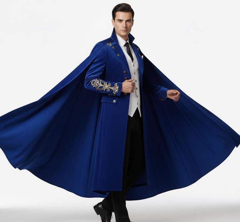 Gothic Victorian bLUE velvet coat with cape formal menswear