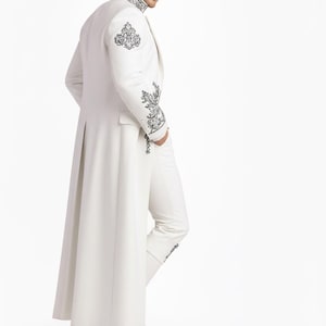 Designer white groom outfit for men, royal embroidered wedding suit with long coat, prince style formal wear for special occasions
