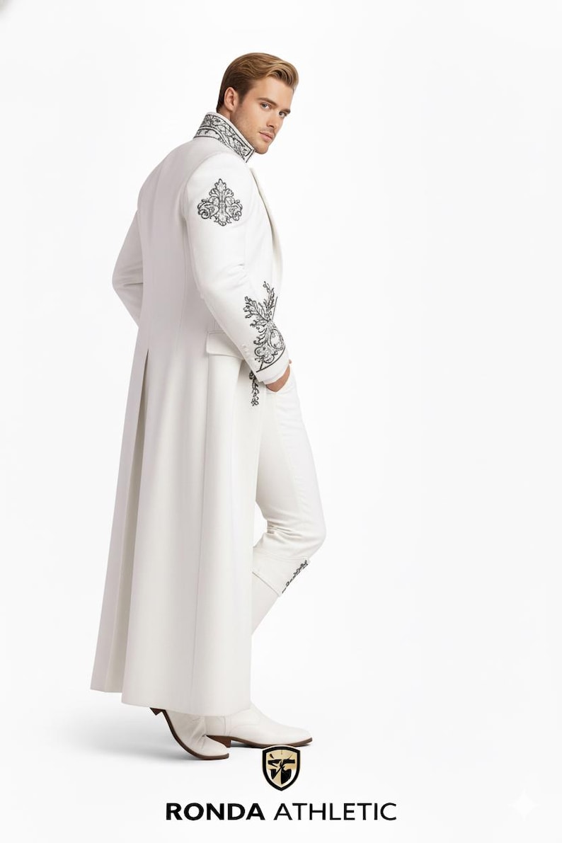 Designer white groom outfit for men, royal embroidered wedding suit with long coat, prince style formal wear for special occasions