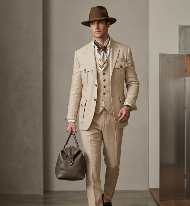 Formal beige menswear outfit with safari-inspired blazer, tailored trousers, waistcoat, scarf detail, and modern wedding style.