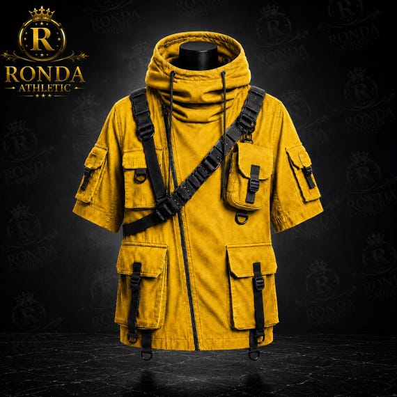 Yellow Black Techwear Jacket Men Cyberpunk Streetwear Hoodie Tactical Utility Pocket Gothic Fashion Coat