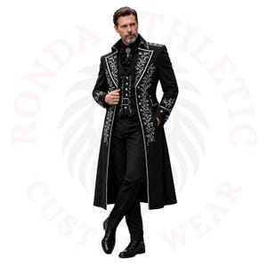 Gothic black tailcoat for men with intricate silver embroidery, steampunk inspired formal suit, front pose