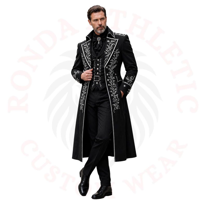 Gothic black tailcoat for men with intricate silver embroidery, steampunk inspired formal suit, front pose